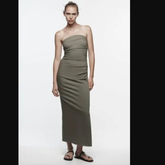 ZARA DRAPED MIDI DRESS KHAKI - Picture 2 of 6